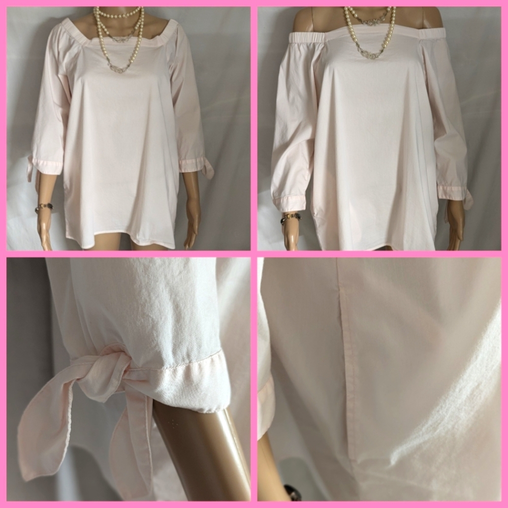 INAE pale pink cotton tunic top with pockets on off shoulder bow tie cuffs